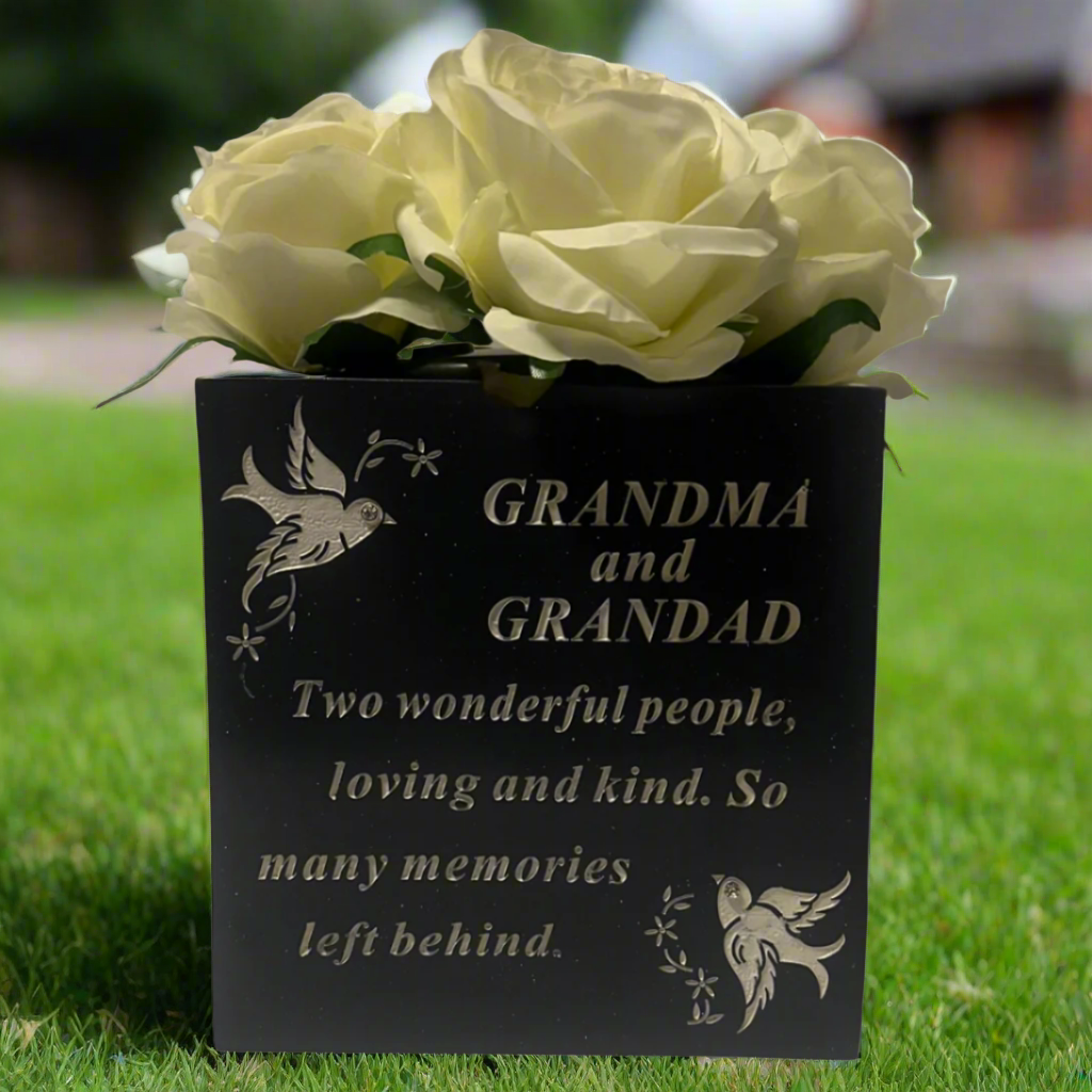 Grandma & Grandad - Black Graveside Memorial Vase With White Doves