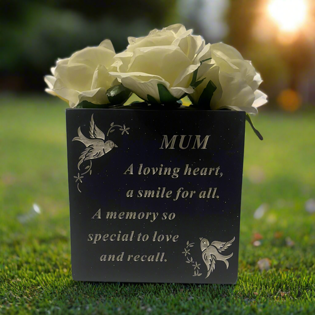 Mum - Black Graveside Memorial Vase With White Doves