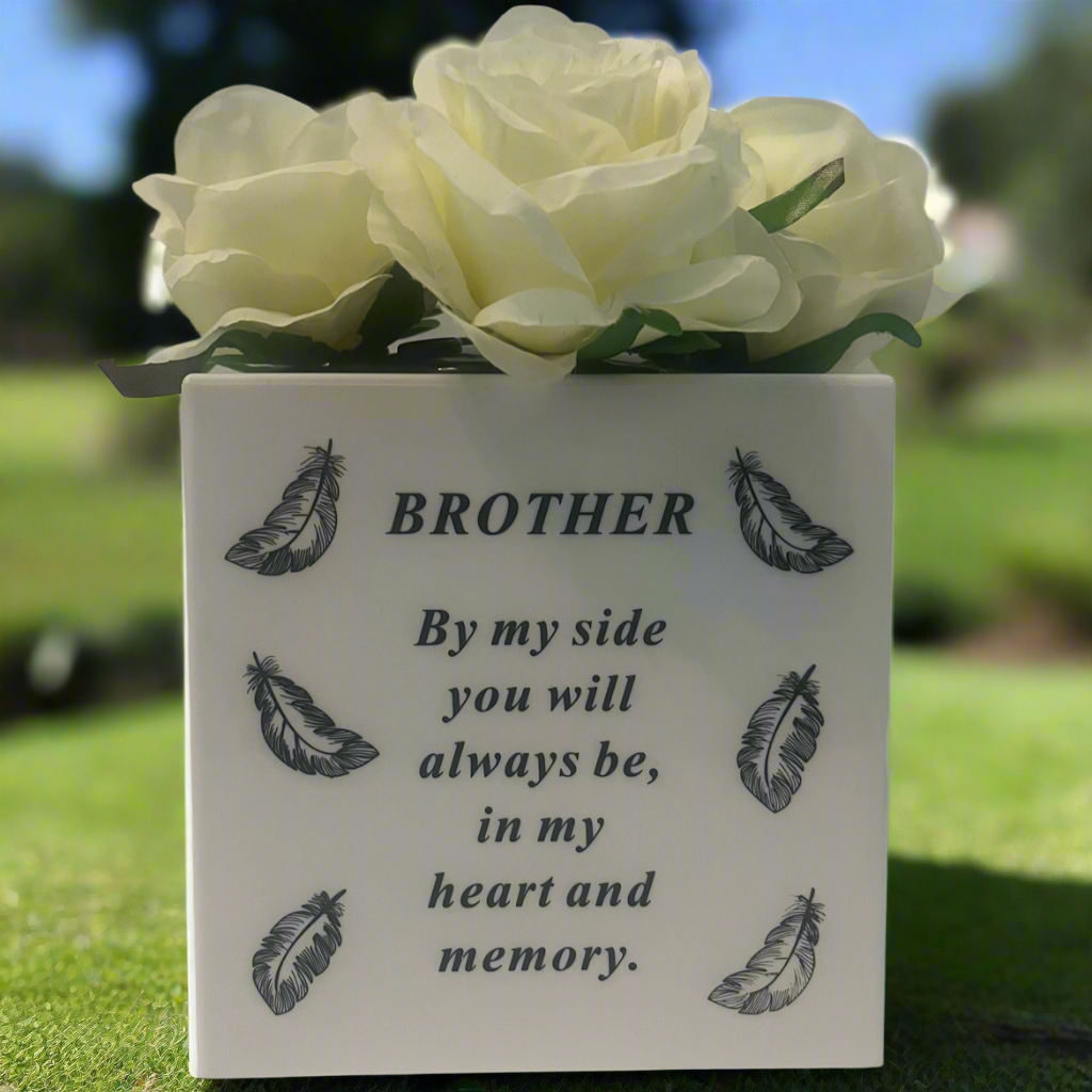 Brother - Feathers Memorial Vase - White - Perfect For Gravesides and Gardens