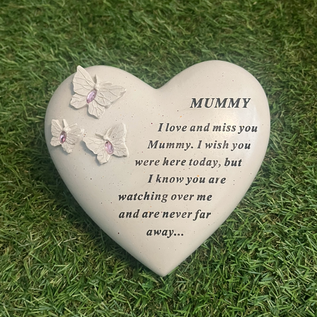 Mummy - Heart Memorial with Pink Gem Butterfly Decorations - Ideal For Gravesides and Gardens