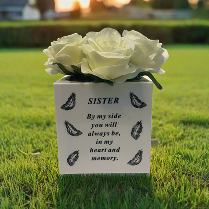 Sister - Feathers Memorial Vase - White - Perfect For Gravesides or Gardens