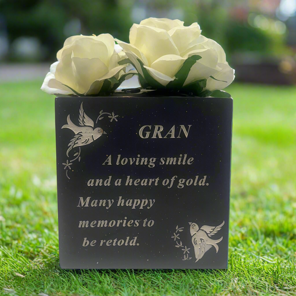 Gran - Black Graveside Memorial Vase With White Doves