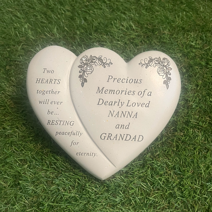 Nanna & Grandad - Double Heart Memorial With Floral Detail - Perfect For Gravesides And Gardens