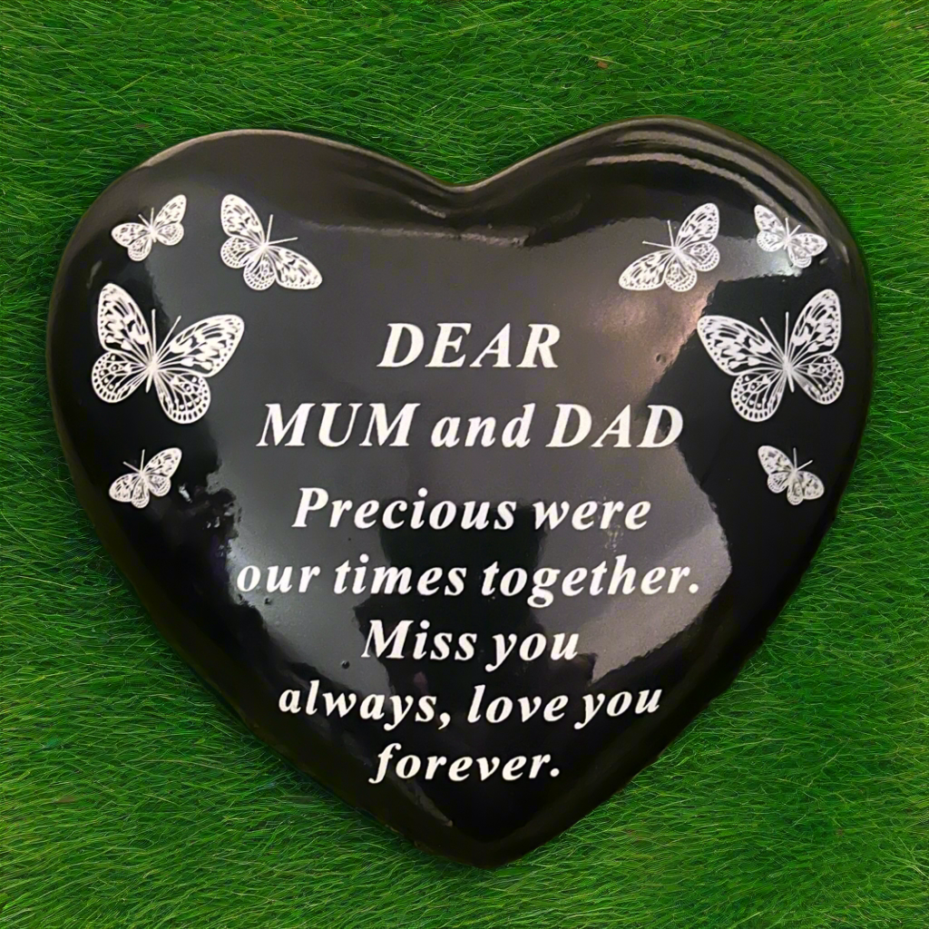 Mum & Dad - White Butterflies Heart Memorial - Black - Ideal For Gravesides and Gardens