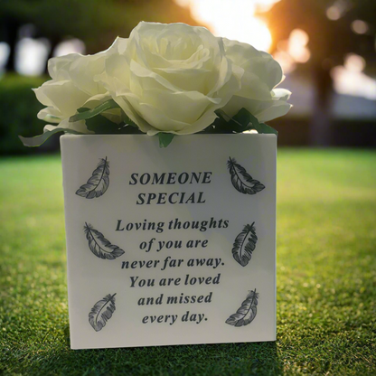 Someone Special - Feathers Memorial Vase - White - Perfect For Gravesides and Gardens