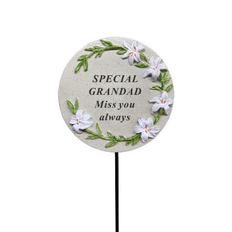 Grandad - Memorial Stick - Grey With Floral Detail - Ideal for Gravesides Or Gardens