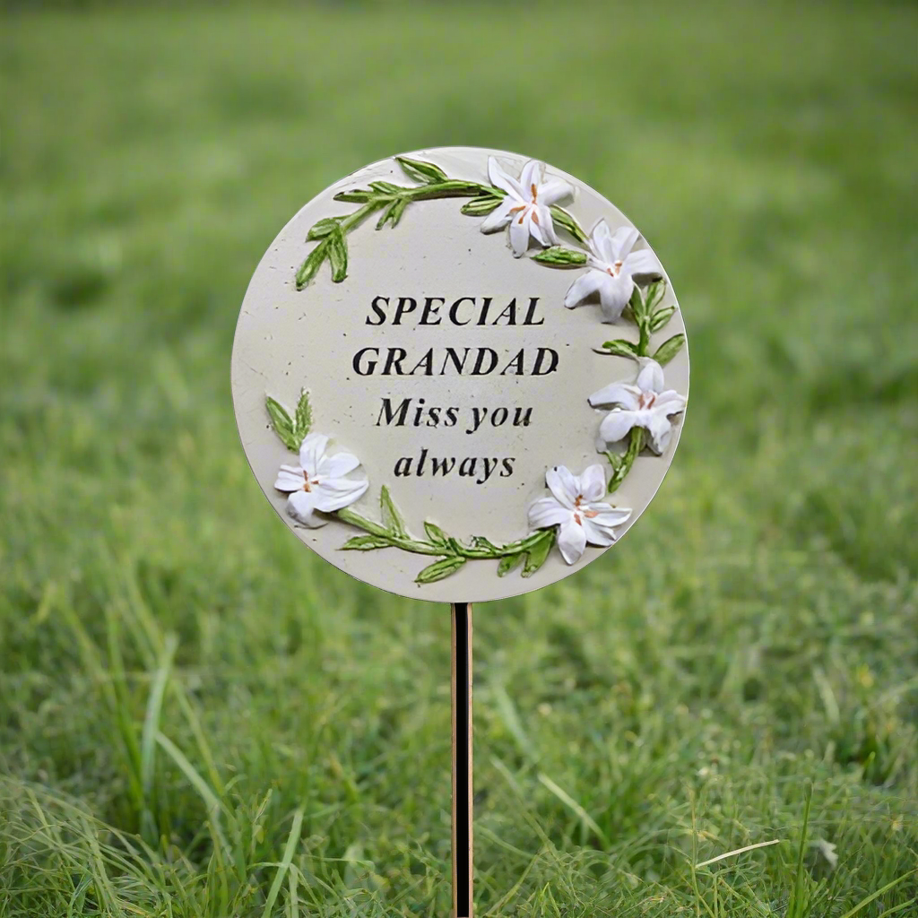 Grandad - Memorial Stick - Grey With Floral Detail - Ideal for Gravesides Or Gardens