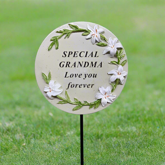 Grandma - Memorial Stick - Grey With Floral Detail - Ideal for Gravesides Or Gardens