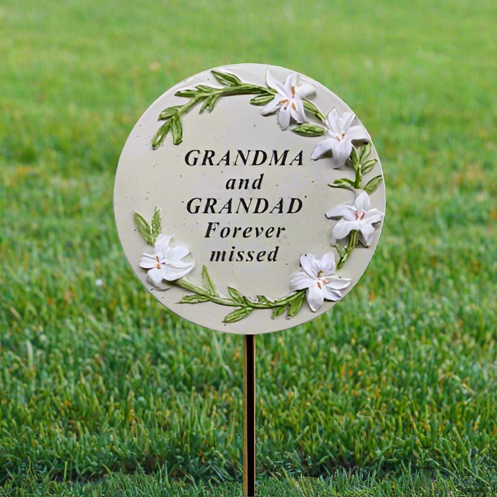 Grandma & Grandad - Memorial Stick - Grey With Floral Detail - Ideal for Gravesides Or Gardens