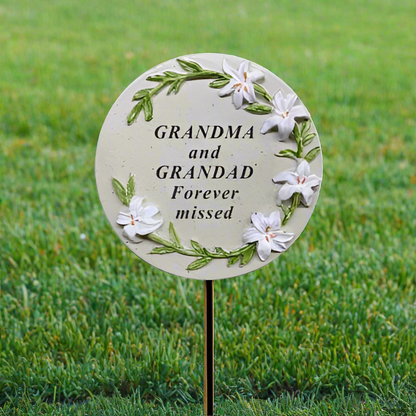 Grandma & Grandad - Memorial Stick - Grey With Floral Detail - Ideal for Gravesides Or Gardens