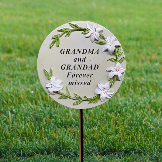 Grandma & Grandad - Memorial Stick - Grey With Floral Detail - Ideal for Gravesides Or Gardens