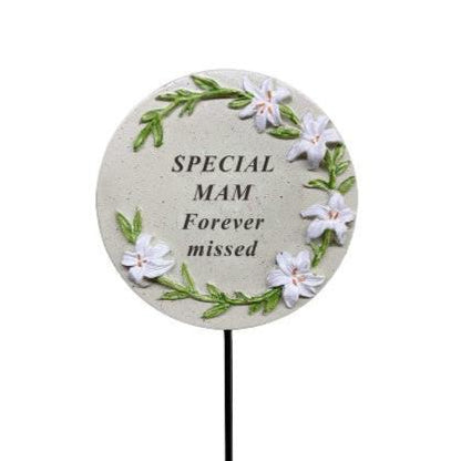 Mam - Memorial Stick - Grey With Floral Detail - Ideal for Gravesides Or Gardens