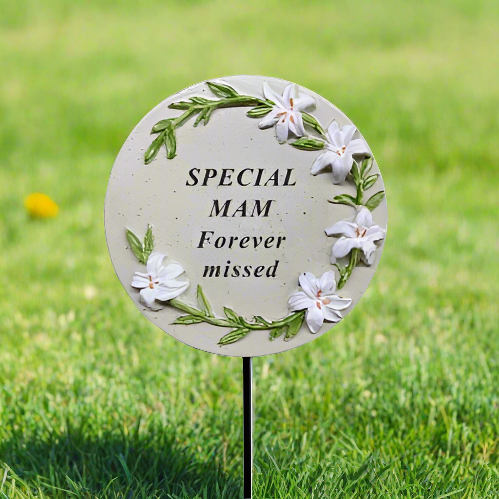 Mam - Memorial Stick - Grey With Floral Detail - Ideal for Gravesides Or Gardens