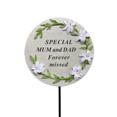 Mum & Dad - Memorial Stick - Grey With Floral Detail - Ideal for Gravesides Or Gardens