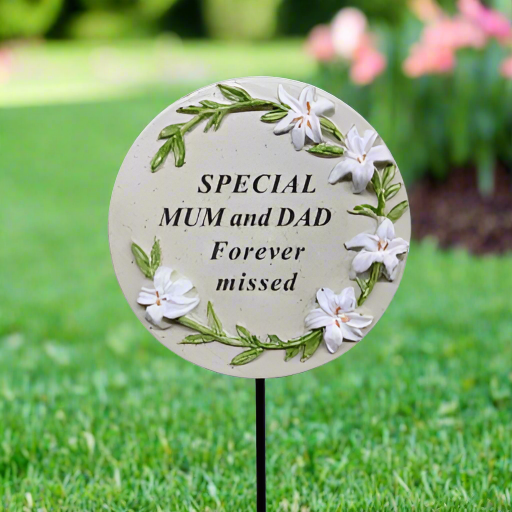 Mum & Dad - Memorial Stick - Grey With Floral Detail - Ideal for Gravesides Or Gardens