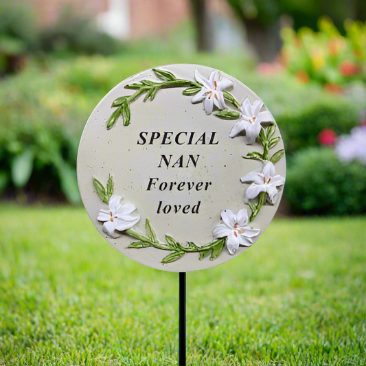 Nan - Memorial Stick - Grey With Floral Detail - Ideal for Gravesides Or Gardens