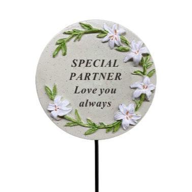 Partner - Memorial Stick - Grey With Floral Detail - Ideal for Gravesides Or Gardens