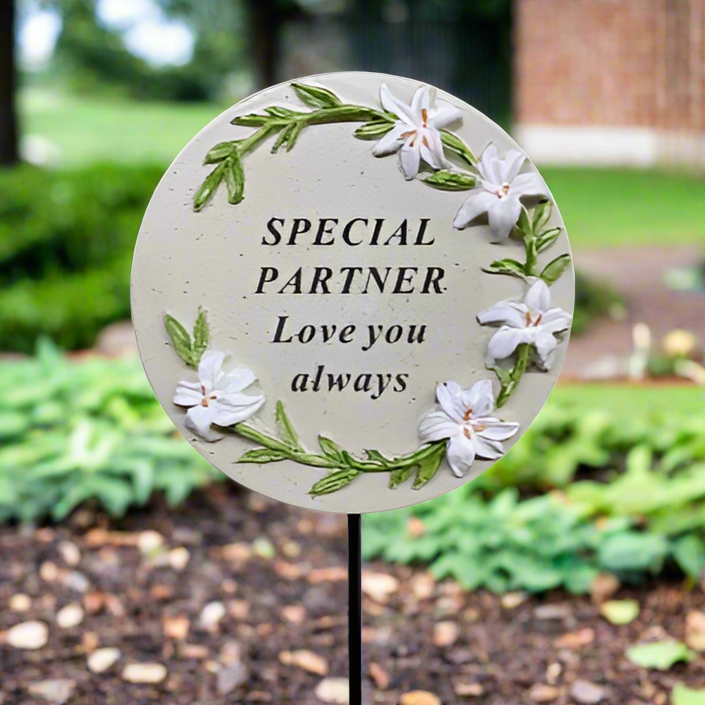 Partner - Memorial Stick - Grey With Floral Detail - Ideal for Gravesides Or Gardens