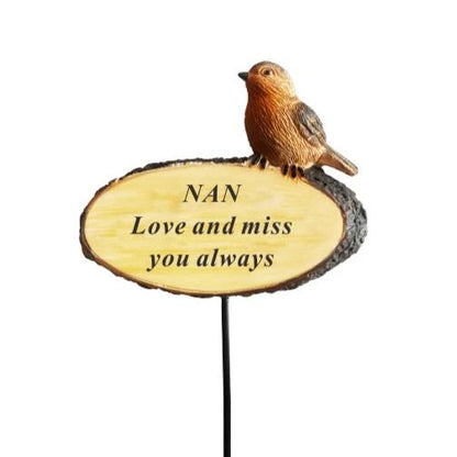 Nan - Perched Robin Memorial Stick - Love and Miss You Always - Ideal For Gravesides and Gardens