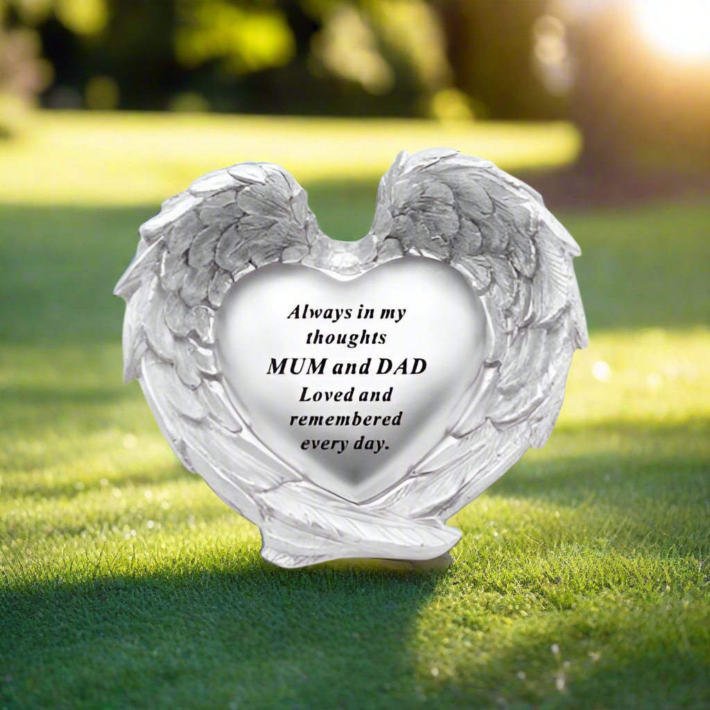 Mum & Dad - Angel Wings Heart Memorial Plaque - Perfect For Gravesides And Gardens