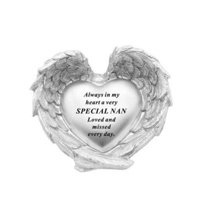 Nan - Memorial Angel Wing Heart Plaque - Silver