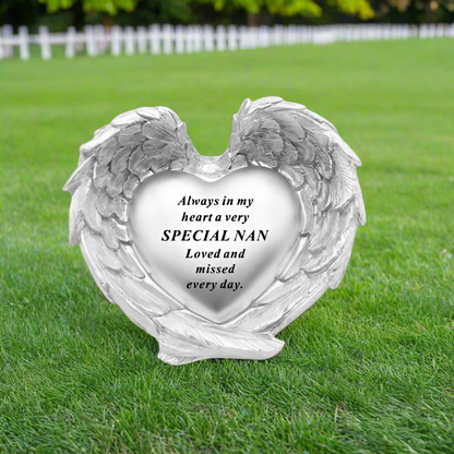 Nan - Memorial Angel Wing Heart Plaque - Silver