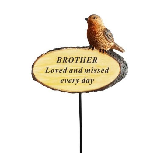 Brother - Perched Robin Memorial Plaque & Stake - Loved and Missed Every Day - Ideal For Gravesides and Gardens