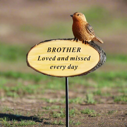 Brother - Perched Robin Memorial Plaque & Stake - Loved and Missed Every Day - Ideal For Gravesides and Gardens