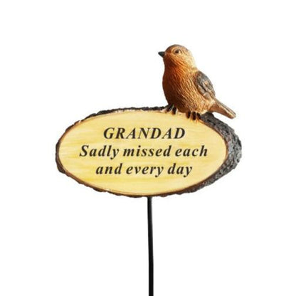 Grandad - Perched Robin Memorial Stick - Loved and Missed Every Day - Ideal For Gravesides and Gardens