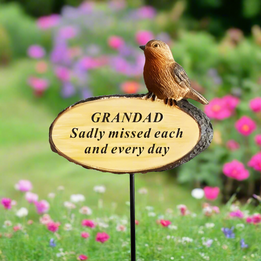 Grandad - Perched Robin Memorial Stick - Loved and Missed Every Day - Ideal For Gravesides and Gardens