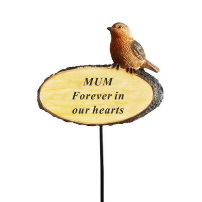 Mum - Perched Robin Memorial Stick - Forever In Our Hearts - Ideal For Gravesides and Gardens