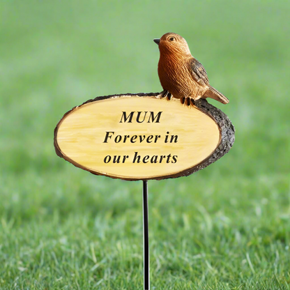 Mum - Perched Robin Memorial Stick - Forever In Our Hearts - Ideal For Gravesides and Gardens