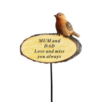 Mum & Dad - Perched Robin Memorial Stick - Love and Miss You Always - Ideal For Gravesides and Gardens