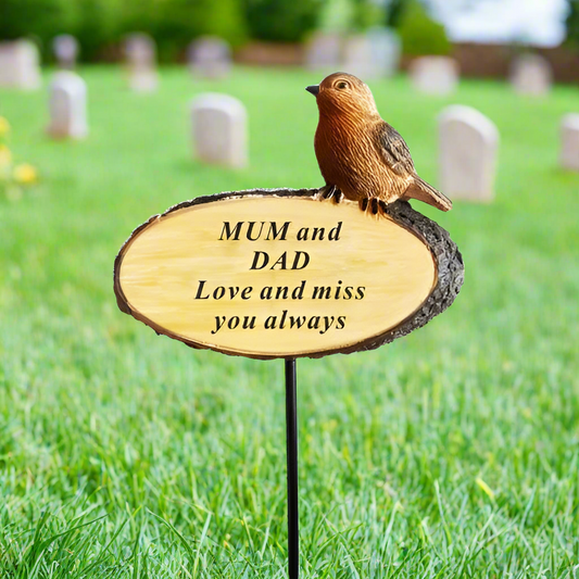 Mum & Dad - Perched Robin Memorial Stick - Love and Miss You Always - Ideal For Gravesides and Gardens