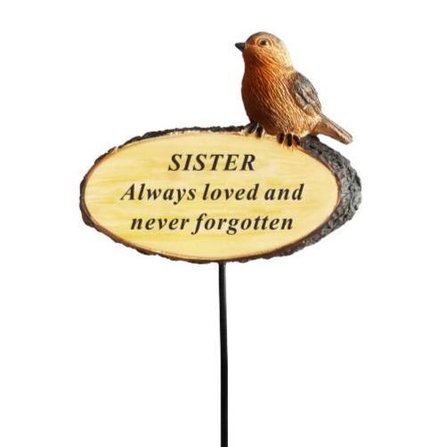 Sister - Perched Robin Memorial Stick - Always Loved and Never Forgotten - Ideal For Gravesides and Gardens