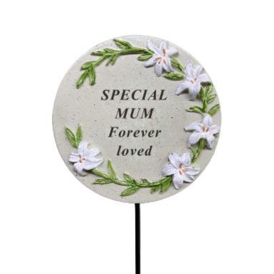 Mum - Memorial Stick - Grey With Floral Detail - Ideal for Gravesides Or Gardens