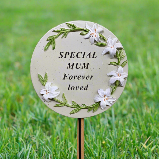 Mum - Memorial Stick - Grey With Floral Detail - Ideal for Gravesides Or Gardens