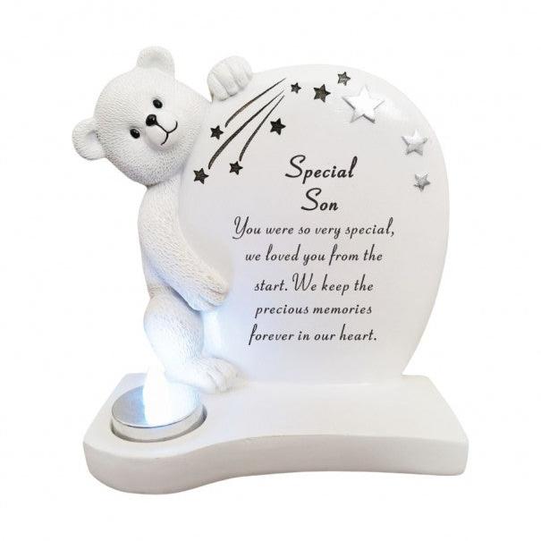 Special Son - Teddy Plaque With Flickering Light - Ideal For Gravesides and Gardens