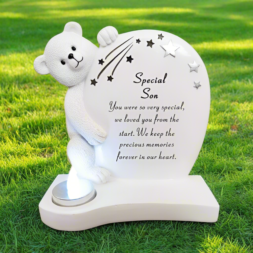 Special Son - Teddy Plaque With Flickering Light - Ideal For Gravesides and Gardens