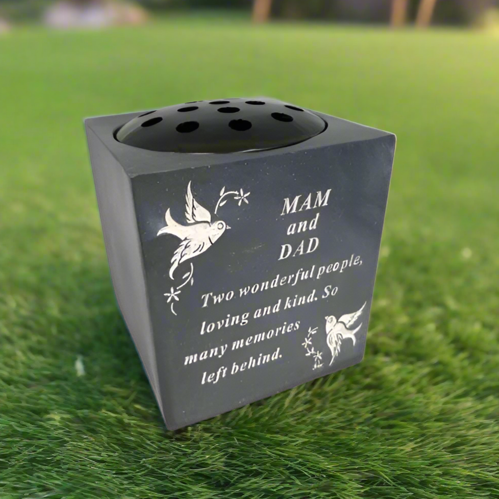 Mam & Dad - Black Graveside Memorial Vase With White Doves