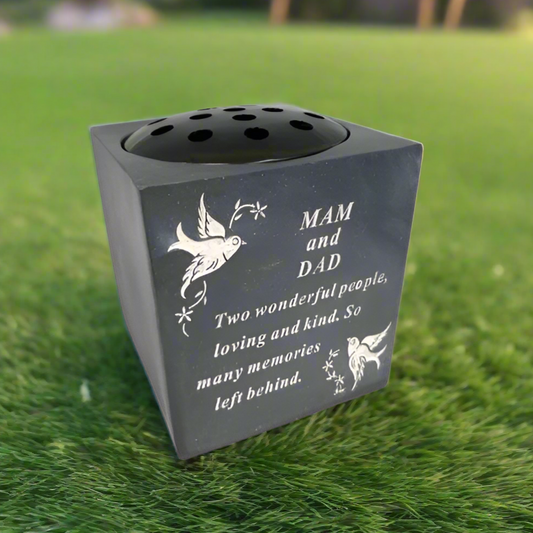 Mam & Dad - Black Graveside Memorial Vase With White Doves