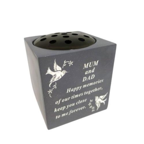 Mum & Dad - Black Graveside Memorial Vase With White Doves