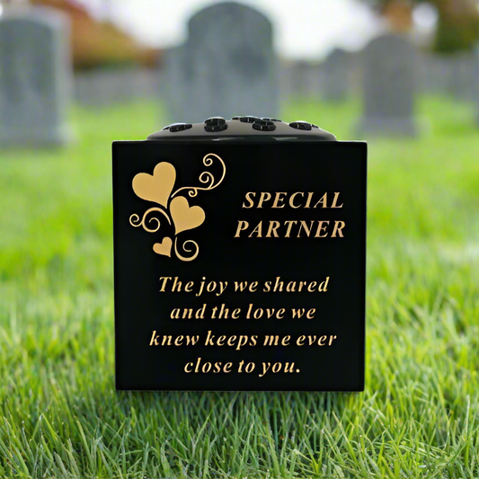 Special Partner - Graveside Memorial Vase - Black With Gold Heart Detail