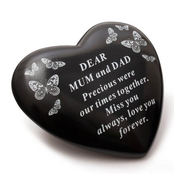 Mum & Dad - White Butterflies Heart Memorial - Black - Ideal For Gravesides and Gardens