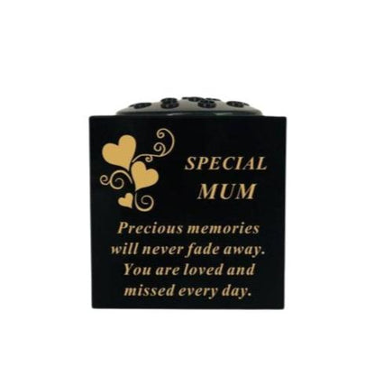 Mum - Graveside Memorial Vase - Black With Gold Heart Detail