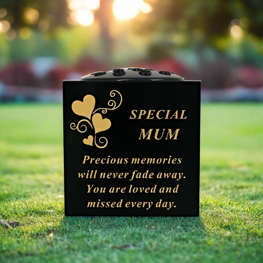 Mum - Graveside Memorial Vase - Black With Gold Heart Detail