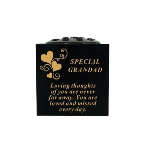 Grandad - Graveside Memorial Vase - Black With Gold Heart Detail