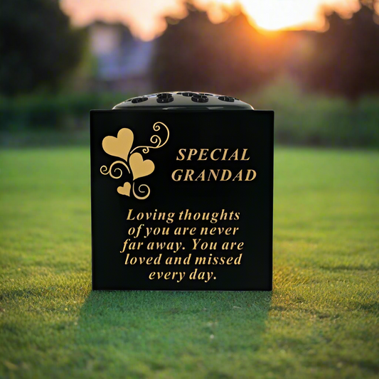 Grandad - Graveside Memorial Vase - Black With Gold Heart Detail