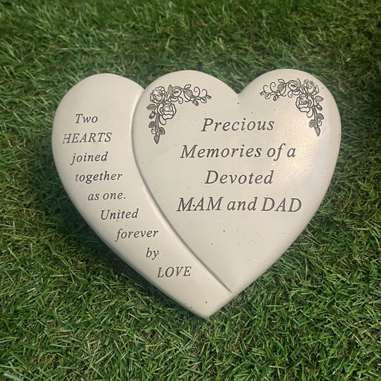 Mam & Dad - Double Heart Memorial With Floral Detail - Perfect For Gravesides And Gardens