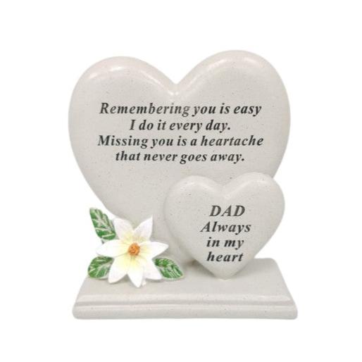 Dad - Double Heart Memorial Plaque with Lily Decoration - Ideal For Gravesides and Gardens